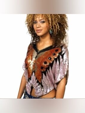 100% Silk Sequin Butterfly Top Pink Gold Lined Batwing Sleeves V-Neck Beyonce